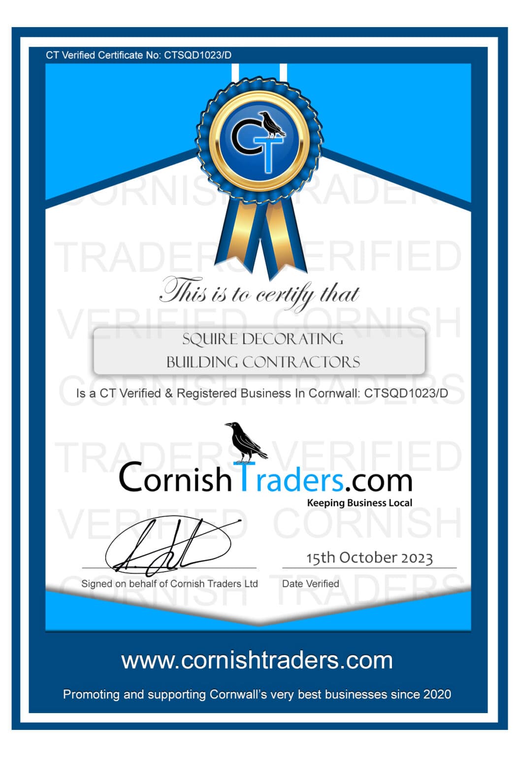 Cornish Traders verified certificate for Squire Decorating Building Contractors, certificate number CTSQD1023/D dated 15 October 2023.