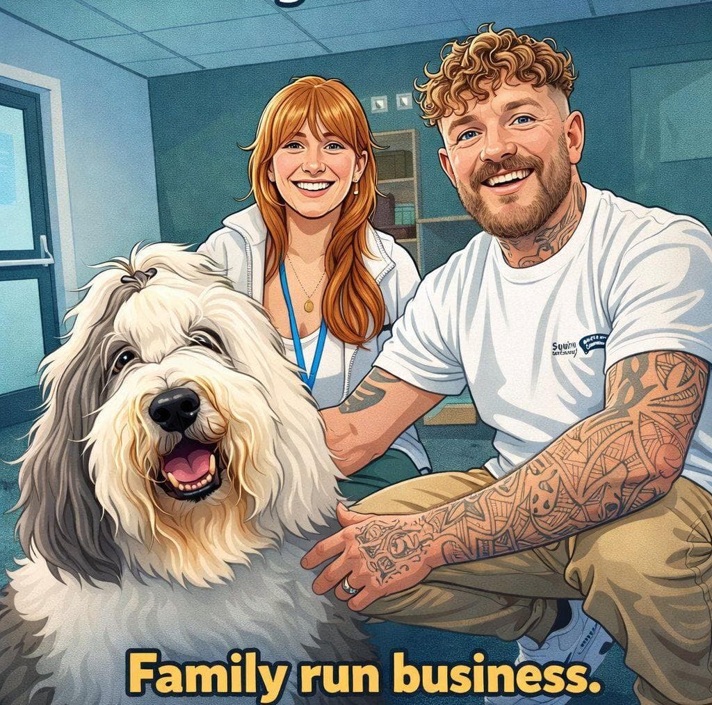 Illustrated portrait of the Squire family-run team — a couple smiling with their dog beside them, captioned 'Family run business.'