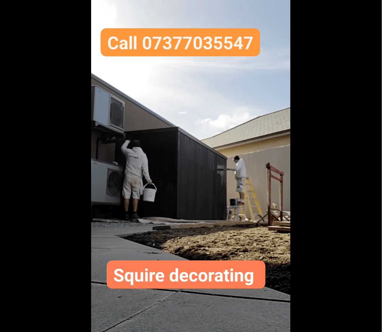 Two decorators spraying a black industrial unit, captioned 'Call 07377 035547 · Squire decorating'.